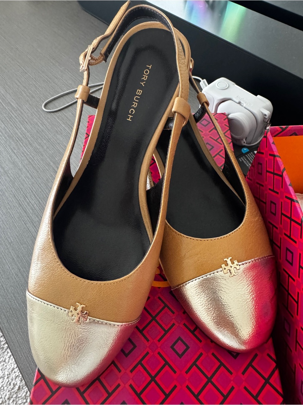 Tory Burch Tan Leather Slingback Flats with Metallic Gold Cap Toe